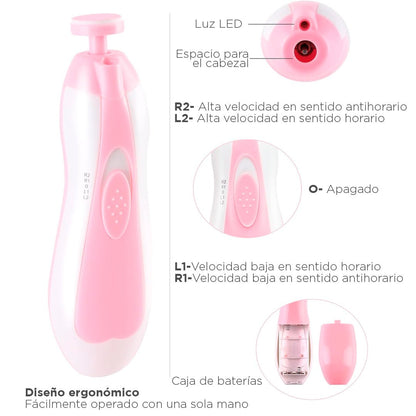 Kit cortaúñas eléctrico, lima eléctrica para bebés con cabezales intercambiables